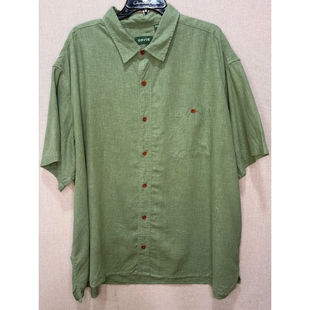 Orvis XXL Green Hemp Tencel Blend Short Sleeve Button Shirt Pocket lightweight